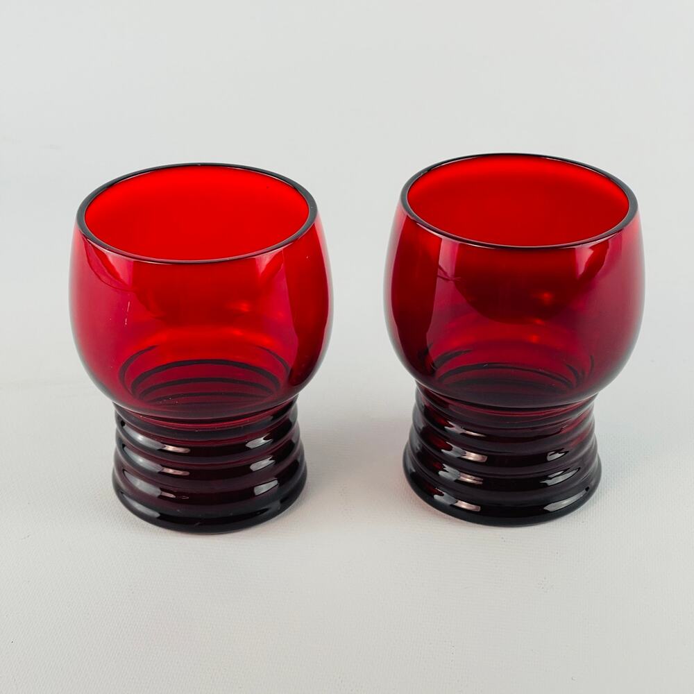 2 Ruby Red Imperial Glass Shaeffer 3 1/16” 4 oz. Shot Glass Tiny Tumblers